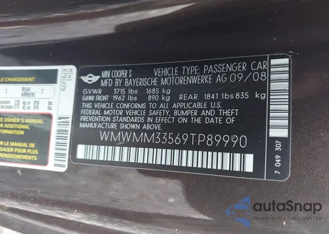 2009 Mini Cooper S Clubman z USA, uszkodzony, nr VIN WMWMM33569TP89990